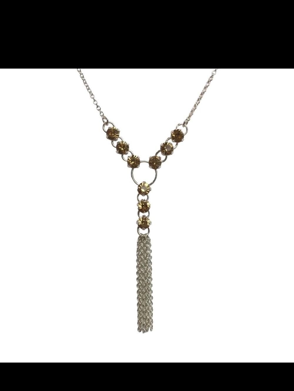 Gorgeous Vintage Avon Silver-Tone Amber Crystal Tassel Necklace CC